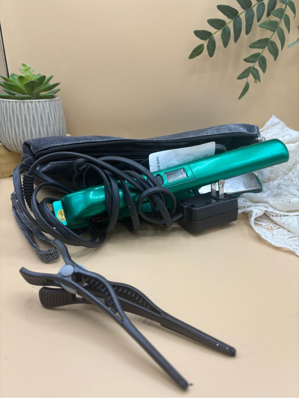 CHI Smart Teal Flat Iron Hair Straightener with Carrying Case & Clips
